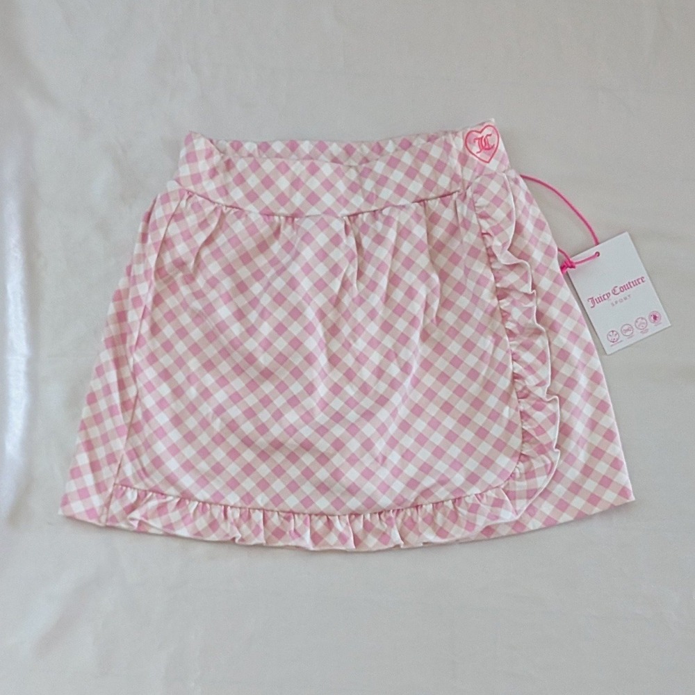 New Juicy Couture Women's Sport Gingham Ruffle Skort Activewear Pink White XS
